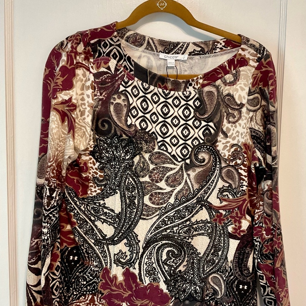 Chico's Elegant Red and Black Paisley Long Sleeve Top